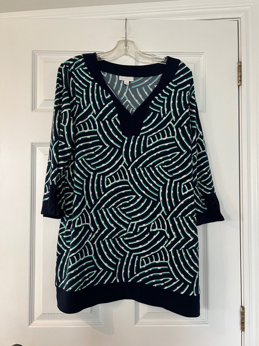 Charter Club Black and Green Geometric V-Neck Tunic